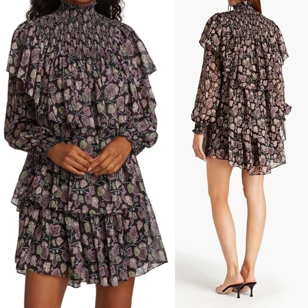 NWT CINQ A SEPT Boho Floral Ruffle Puffed Long Sleeve Smocked High‎ Neck Dress 8